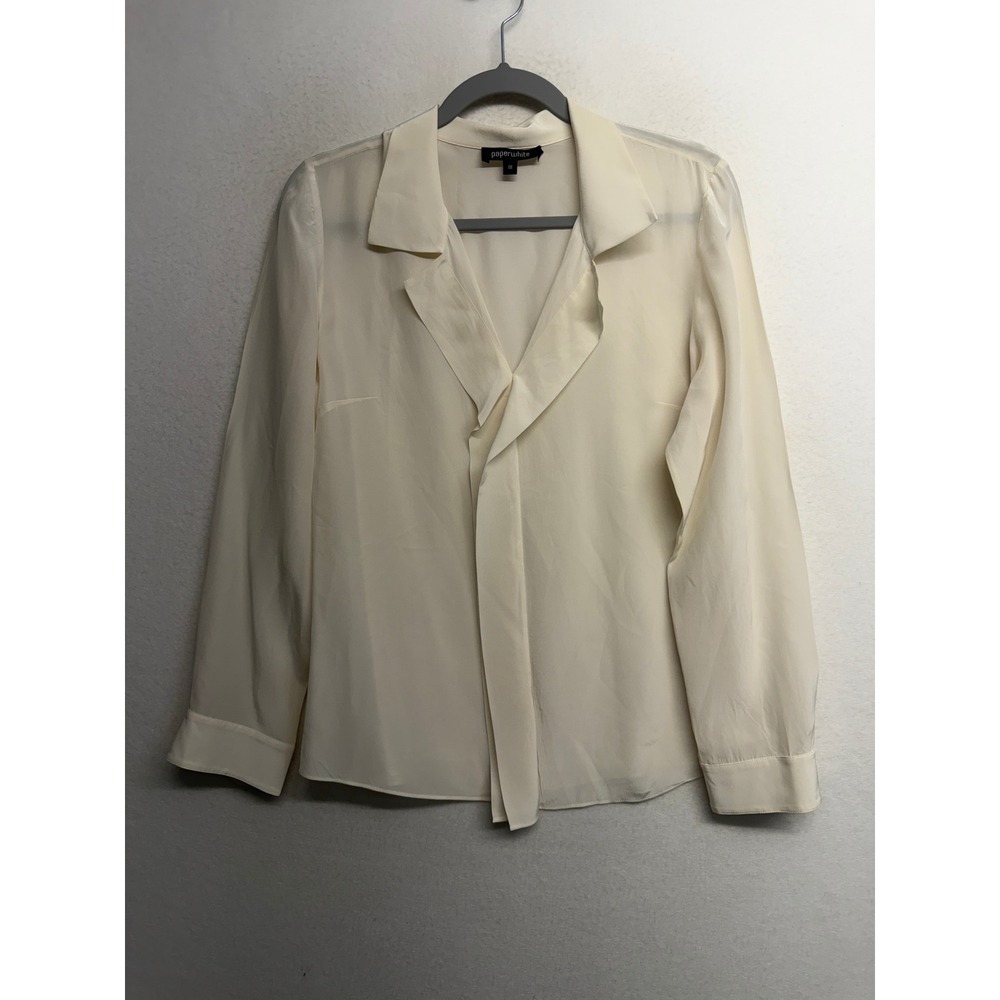 Paperwhite 100% Silk Blouse Cream Ivory Draped Open Collar Long Sleeve Size 8